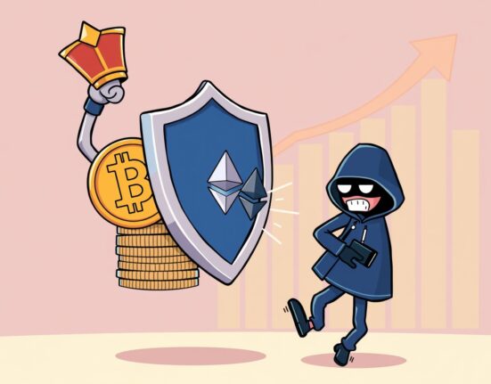 Cartoon illustration showing reduced crypto hacking losses, with a shield protecting digital assets from a retreating hacker.