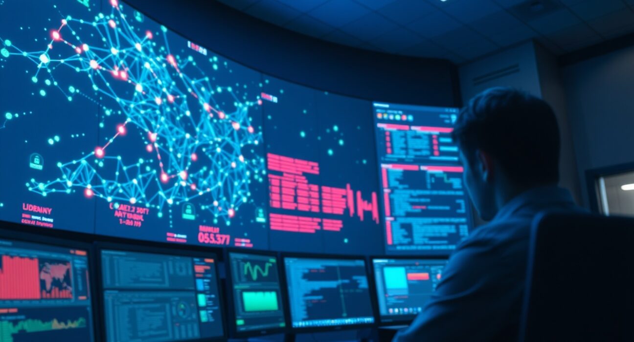 Security analyst monitoring blockchain network map in a dimly lit operations center