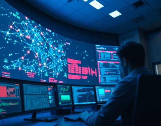 Security analyst monitoring blockchain network map in a dimly lit operations center