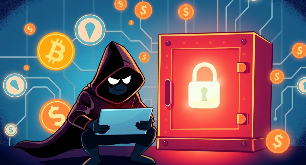 Cartoon illustration showing a hacker exploiting crypto exchange hacking techniques to breach digital security and steal cryptocurrency.