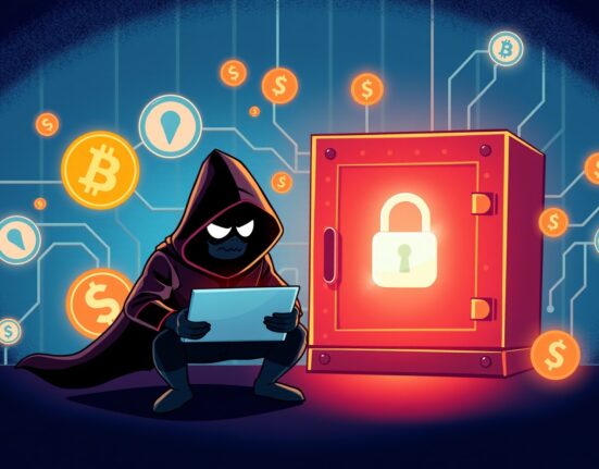 Cartoon illustration showing a hacker exploiting crypto exchange hacking techniques to breach digital security and steal cryptocurrency.
