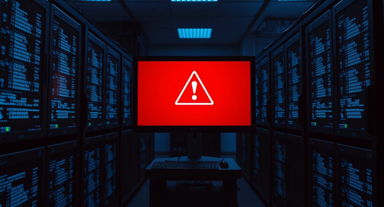 Server room with monitors displaying blockchain data and a red security alert warning