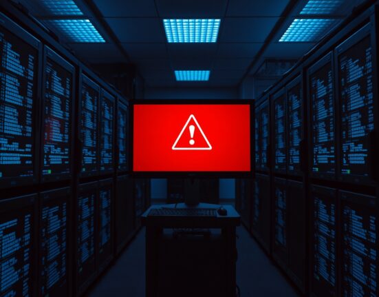 Server room with monitors displaying blockchain data and a red security alert warning