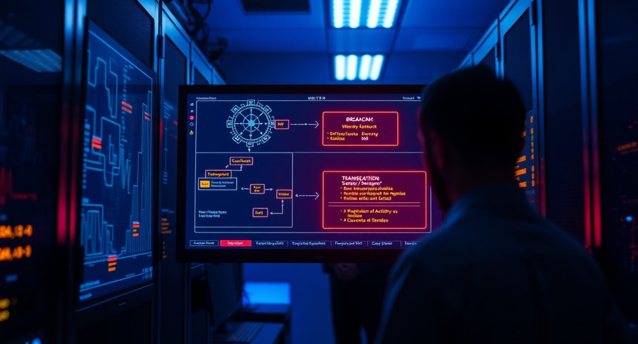 Dimly lit server room with monitors showing blockchain breach alerts and transaction data