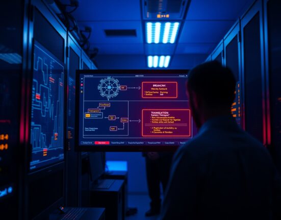 Dimly lit server room with monitors showing blockchain breach alerts and transaction data
