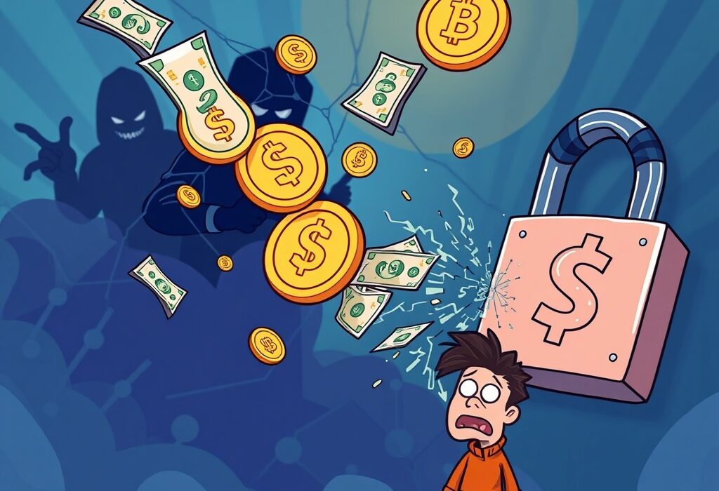 Cartoon illustration showing crypto hacks causing $142 million in losses, highlighting the alarming rise in digital asset theft.