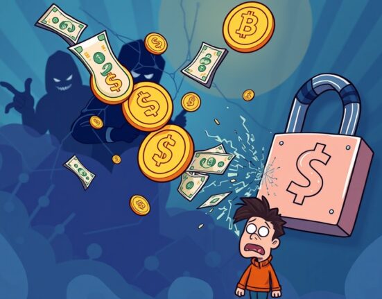 Cartoon illustration showing crypto hacks causing $142 million in losses, highlighting the alarming rise in digital asset theft.