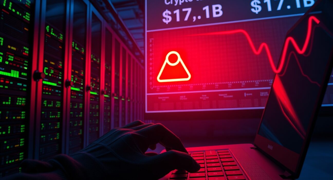 Crypto hacks total $17.1B in losses, showing a server breach scene with red warning lights and a hacker typing, representing private key theft and DeFi security failures.