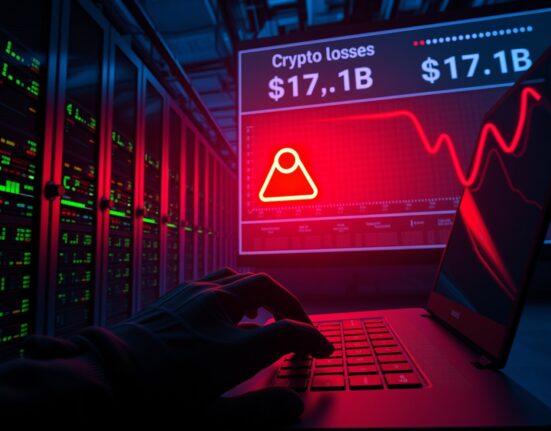 Crypto hacks total $17.1B in losses, showing a server breach scene with red warning lights and a hacker typing, representing private key theft and DeFi security failures.