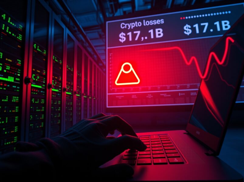 Crypto hacks total $17.1B in losses, showing a server breach scene with red warning lights and a hacker typing, representing private key theft and DeFi security failures.