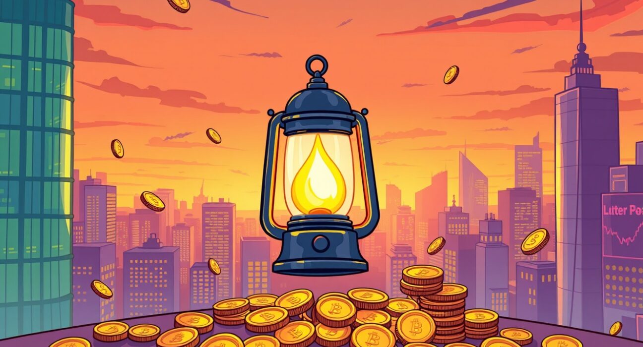 Crypto hedge fund lantern dimming in a vibrant cityscape, symbolizing operational closure.
