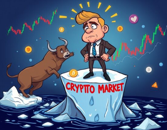 Cartoon illustration showing crypto hedge funds struggling on melting market iceberg with bull and bear conflict