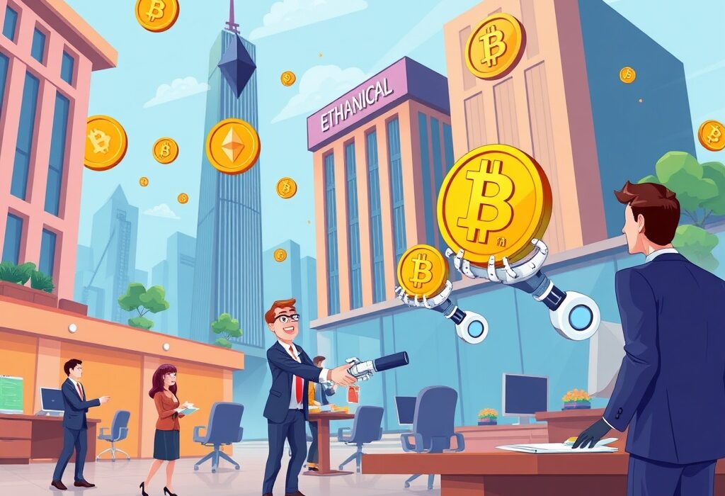 A cartoon illustration showing financial firms embracing the crypto hiring boom, symbolizing growth and institutional adoption of digital assets.