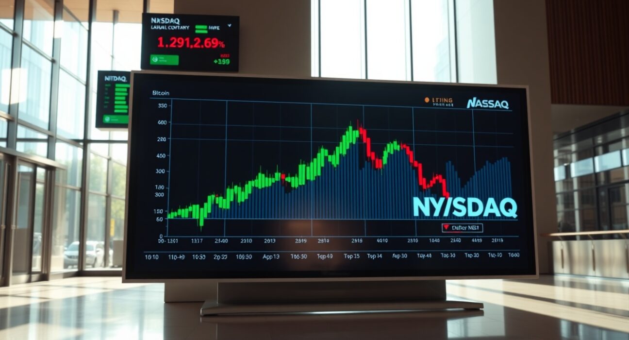Bitcoin price chart showing steady green candles against a background of declining tech stock index