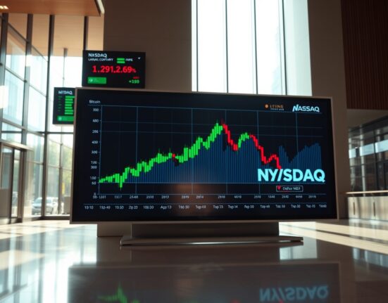 Bitcoin price chart showing steady green candles against a background of declining tech stock index