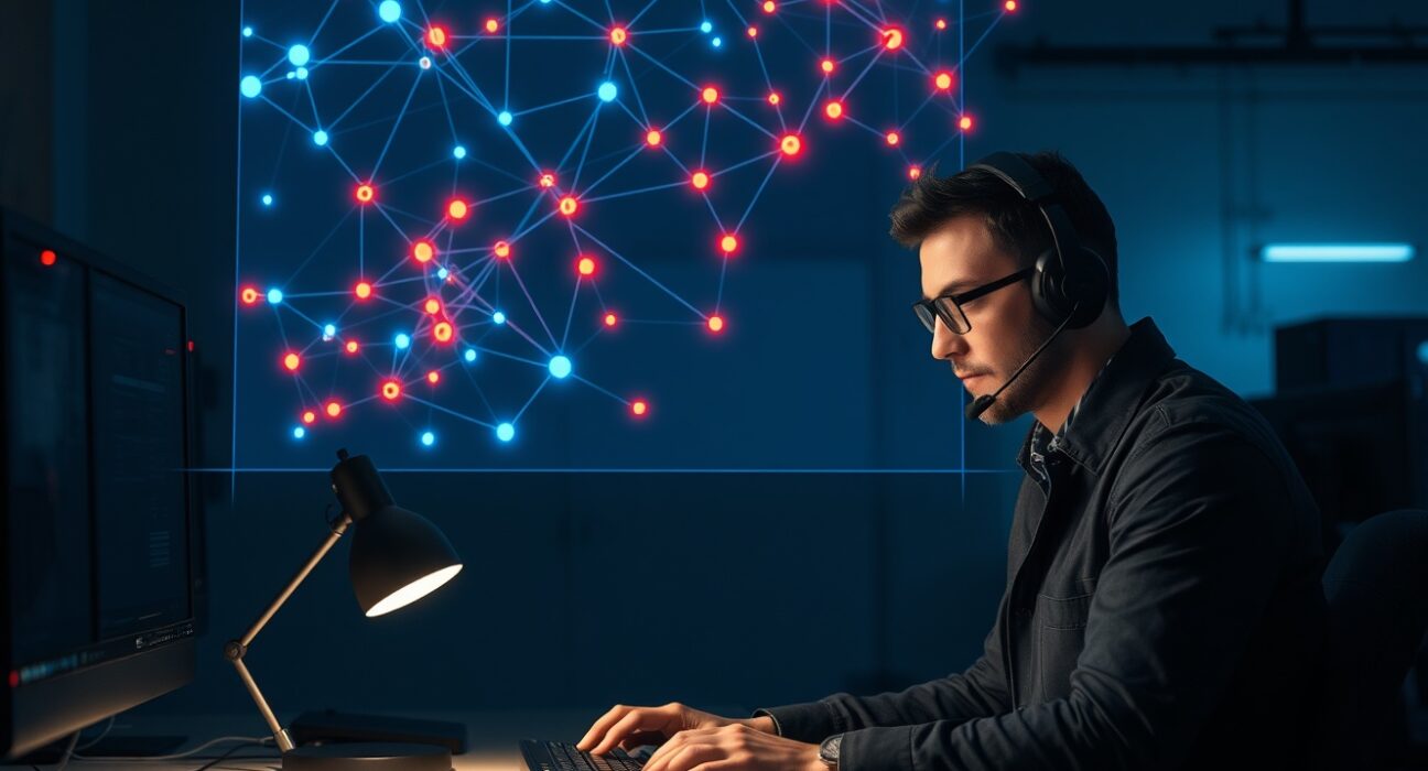 Investigator analyzing holographic blockchain transaction map in a forensic lab