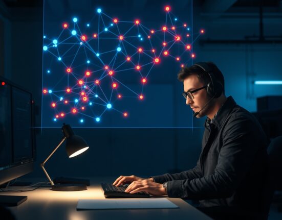 Investigator analyzing holographic blockchain transaction map in a forensic lab