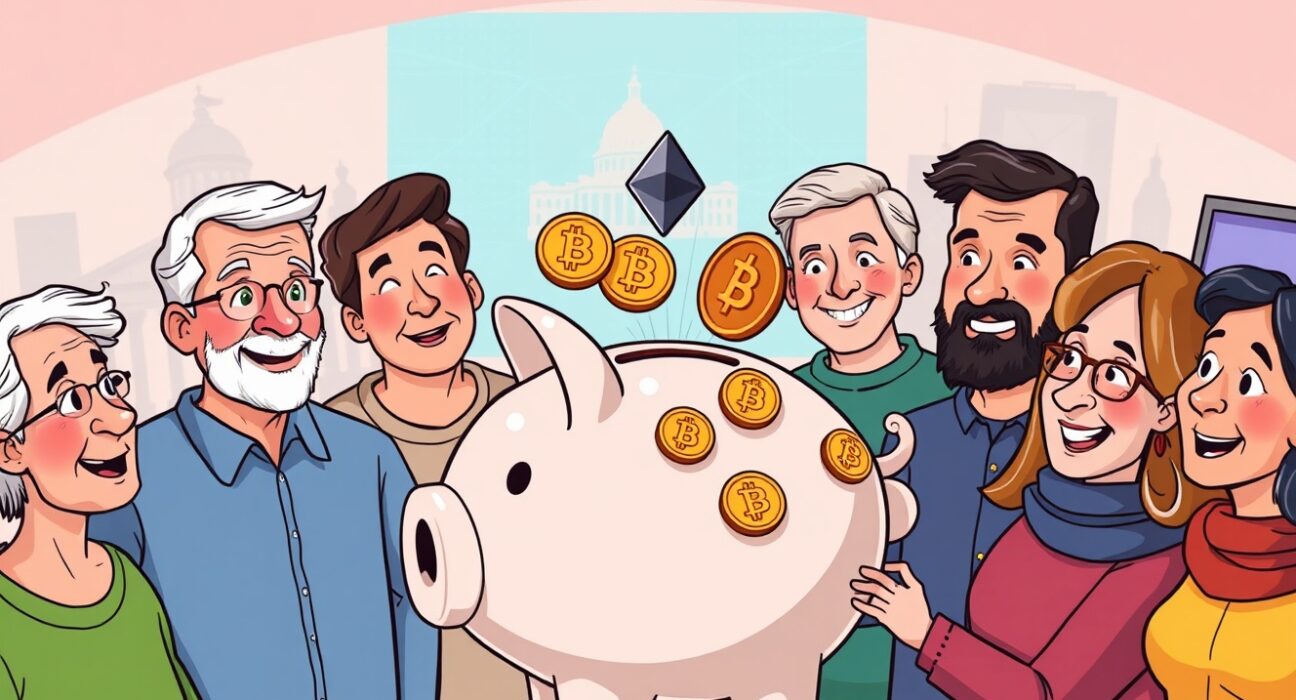 A cartoon illustration showing people considering crypto in 401(k) plans for retirement savings, with government buildings in the background.