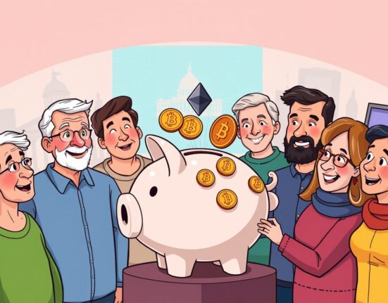 A cartoon illustration showing people considering crypto in 401(k) plans for retirement savings, with government buildings in the background.