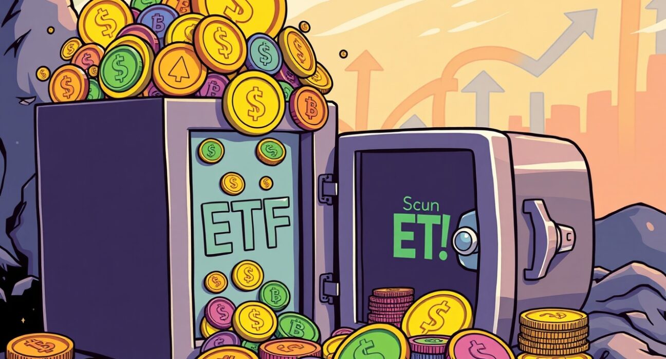 A cartoon image illustrating a Crypto Income ETF funneling diverse digital assets like memecoins and altcoins into an investor's portfolio, symbolizing potential growth.