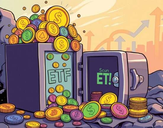 A cartoon image illustrating a Crypto Income ETF funneling diverse digital assets like memecoins and altcoins into an investor's portfolio, symbolizing potential growth.