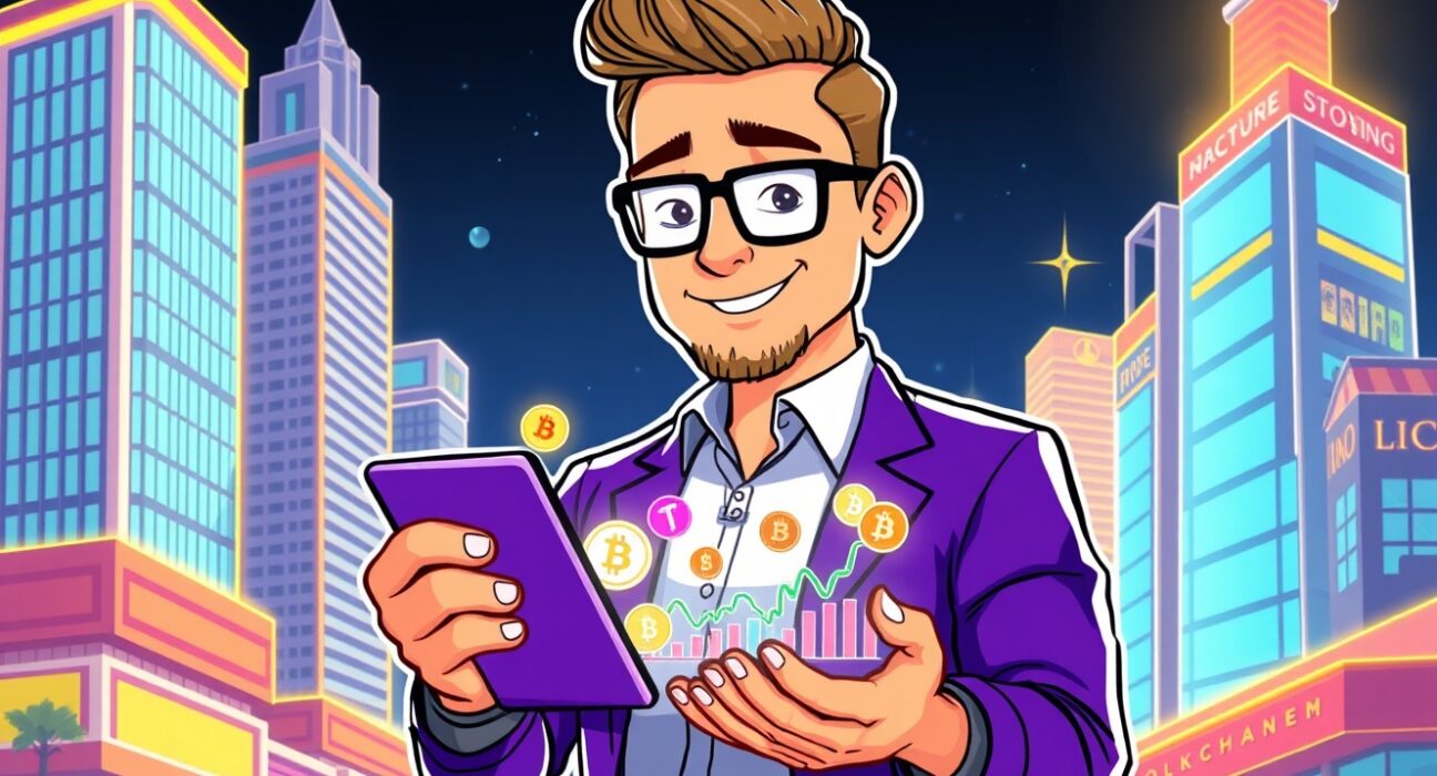 A vibrant cartoon illustration showing the crucial role of crypto indexes in bridging traditional and digital finance markets.