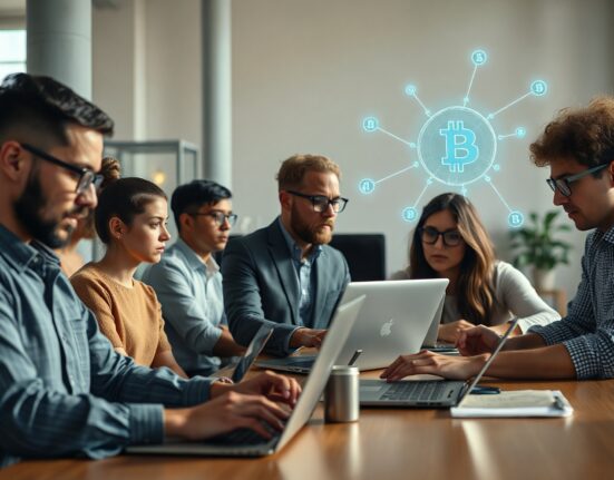 Software developers working on laptops in a modern co-working space with a blockchain network visualization in the background.