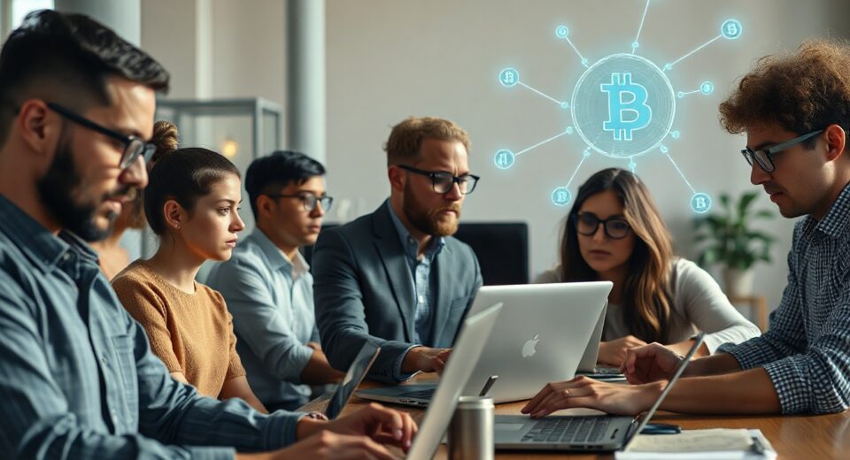 Software developers working on laptops in a modern co-working space with a blockchain network visualization in the background.