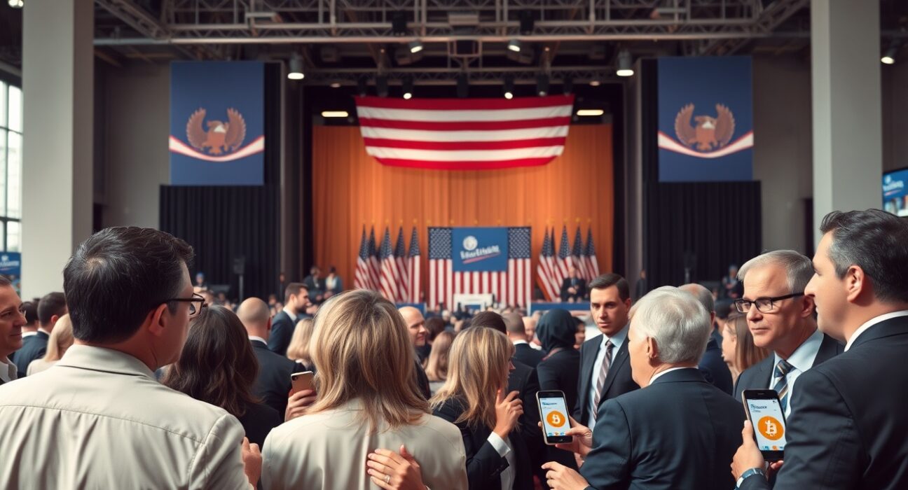Professionals with smartphones displaying crypto charts at a political rally in Washington D.C., representing the crypto industry's record election spending.