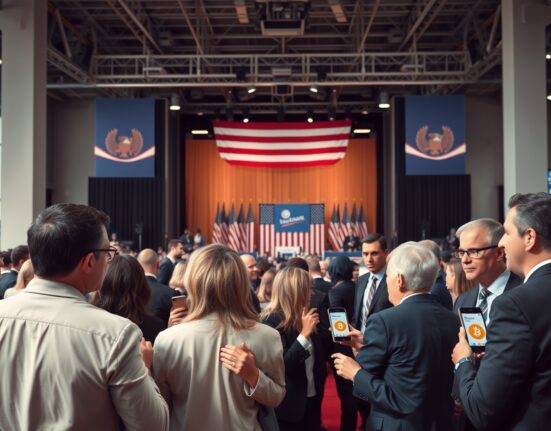Professionals with smartphones displaying crypto charts at a political rally in Washington D.C., representing the crypto industry's record election spending.