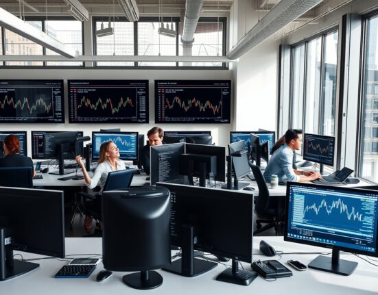 Professionals working in a modern crypto company office with blockchain and trading screens visible.