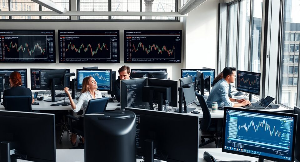 Professionals working in a modern crypto company office with blockchain and trading screens visible.