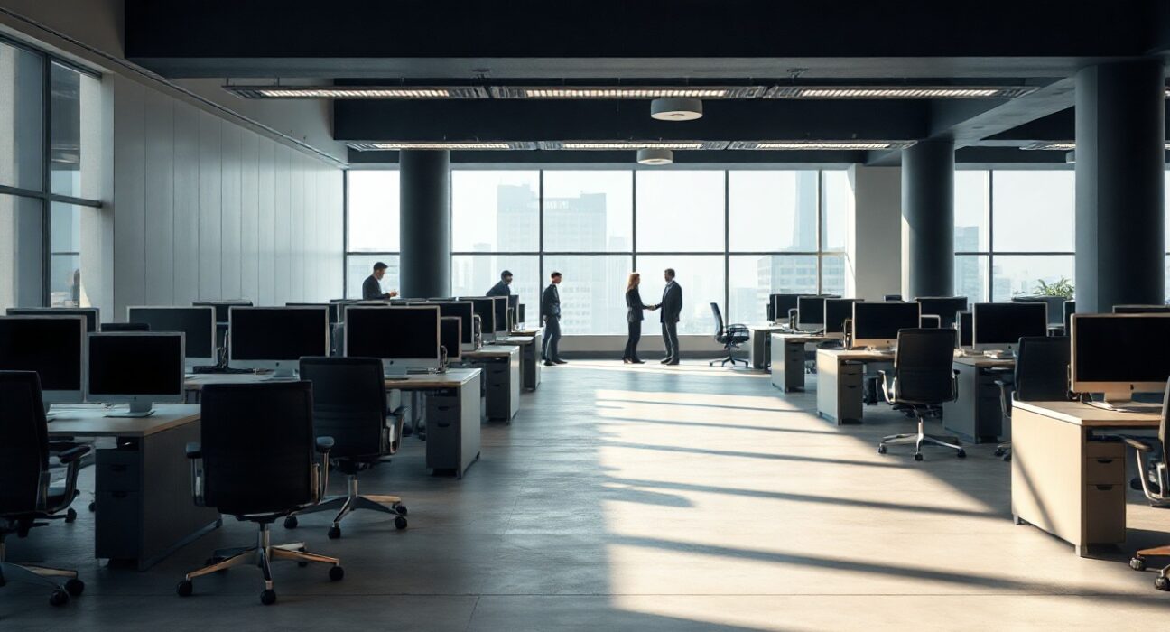 Empty office desks in a dimly lit corporate workspace representing crypto industry job contraction