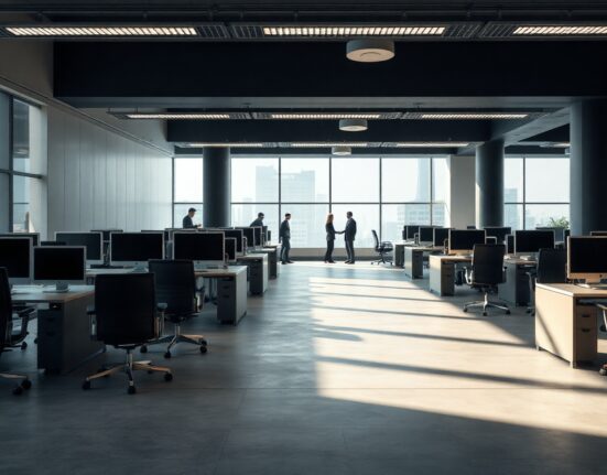 Empty office desks in a dimly lit corporate workspace representing crypto industry job contraction