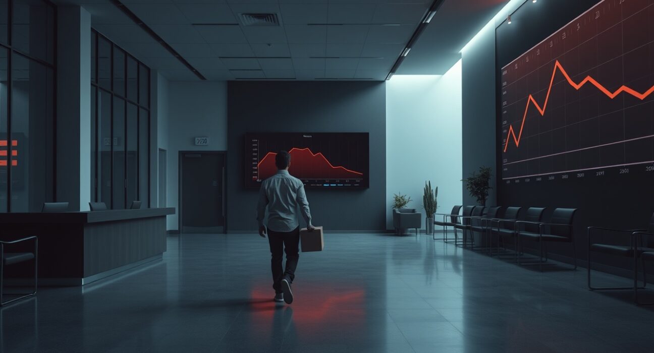 Empty office lobby with employee leaving carrying a box, representing ongoing crypto industry layoffs in 2026