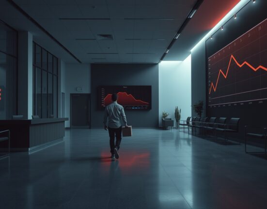 Empty office lobby with employee leaving carrying a box, representing ongoing crypto industry layoffs in 2026