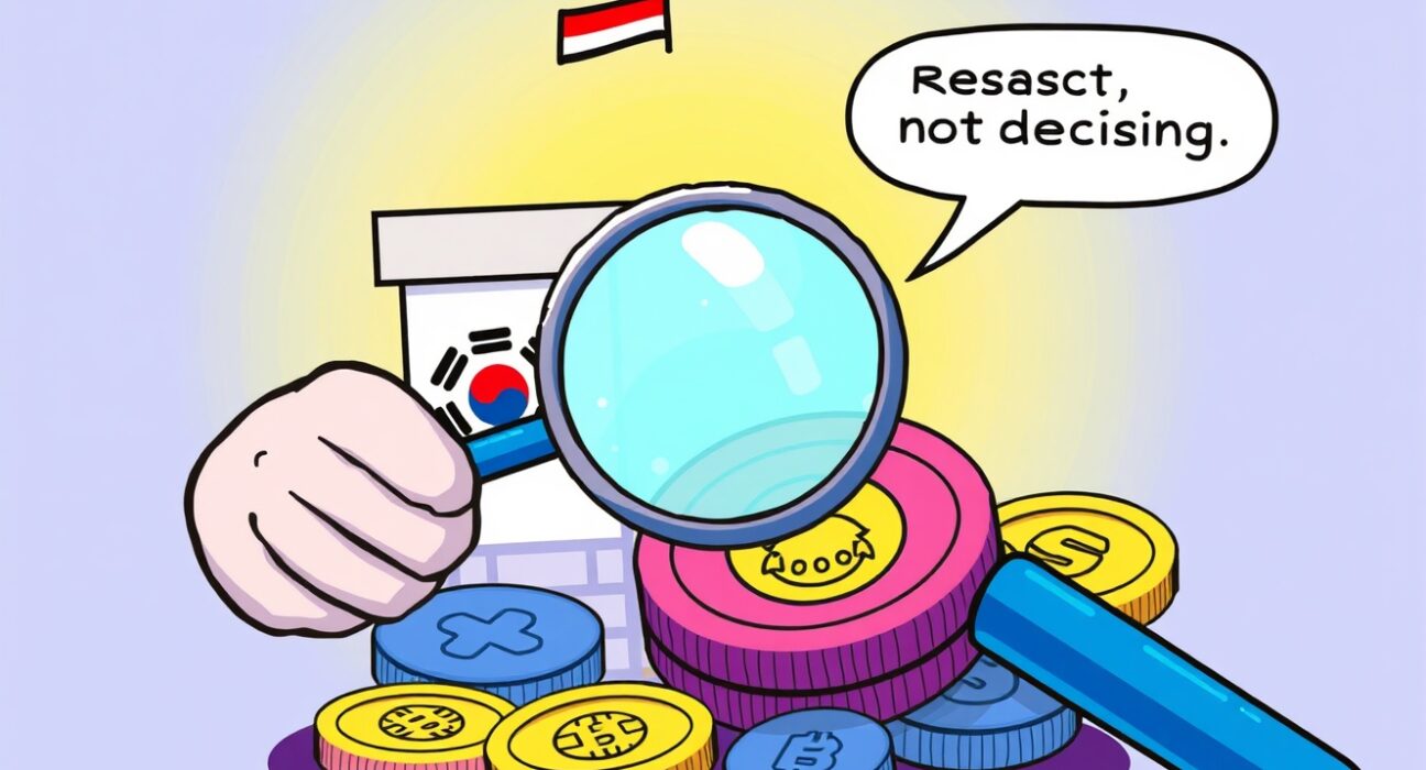 An illustration of the South Korean FTC researching crypto industry regulation, emphasizing observation over immediate policy decisions.