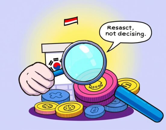 An illustration of the South Korean FTC researching crypto industry regulation, emphasizing observation over immediate policy decisions.
