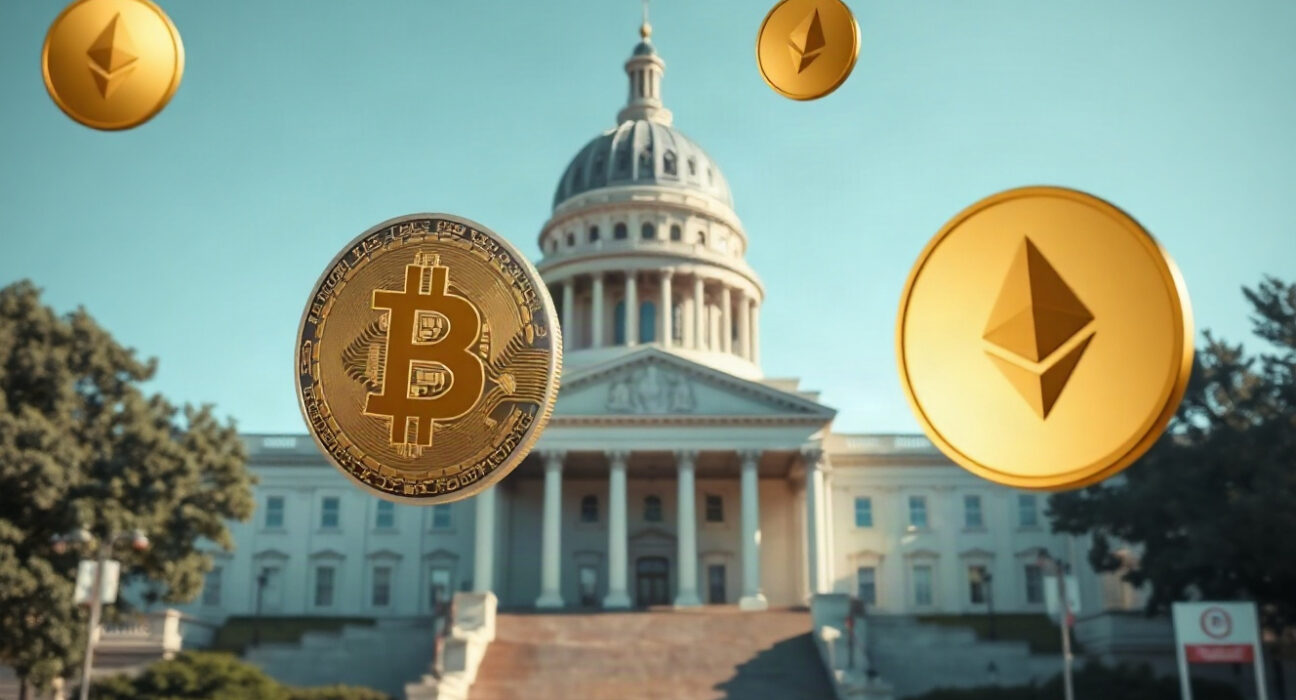 Illinois State Capitol building with digital cryptocurrency symbols in the foreground