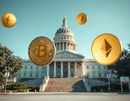 Illinois State Capitol building with digital cryptocurrency symbols in the foreground