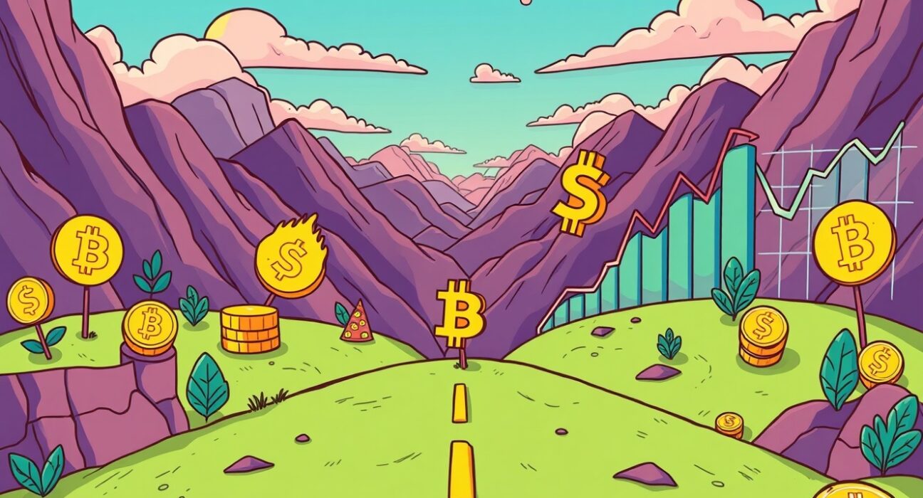 Cryptocurrency market at critical inflection point with economic indicators and Bitcoin symbols