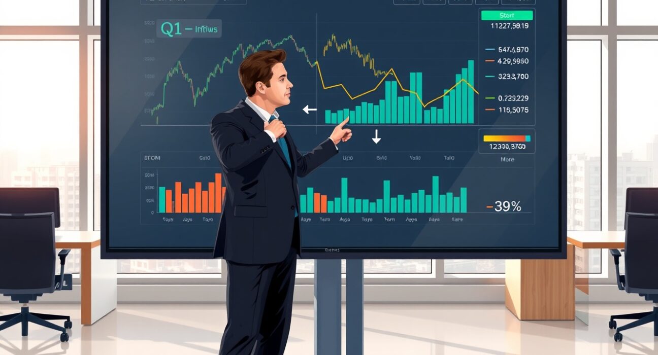 Financial analyst reviewing cryptocurrency market data showing declining Q1 inflows according to JPMorgan report