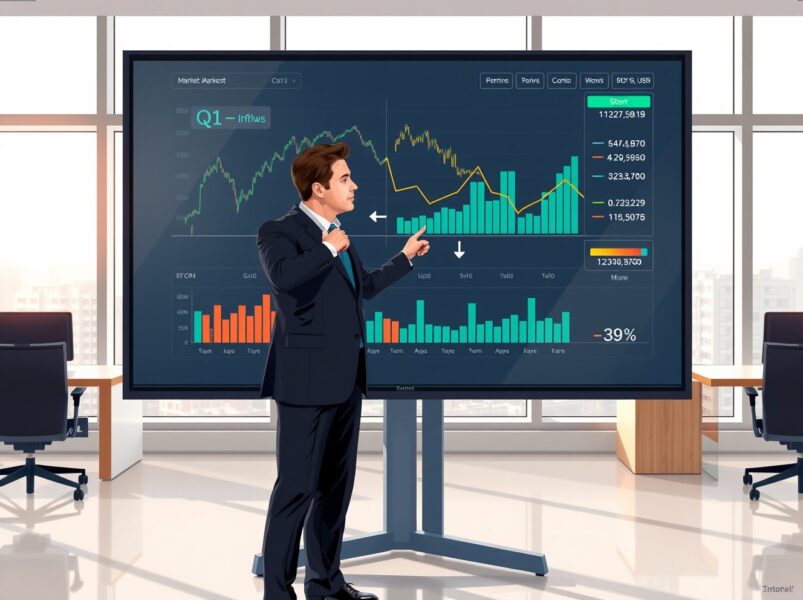 Financial analyst reviewing cryptocurrency market data showing declining Q1 inflows according to JPMorgan report