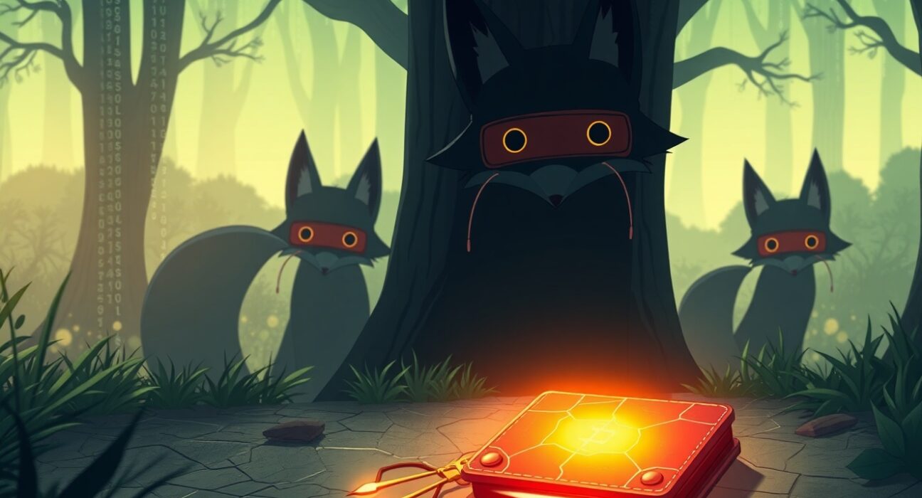 Conceptual Ghibli-style art depicting a cryptocurrency address poisoning attack and digital wallet vulnerability.