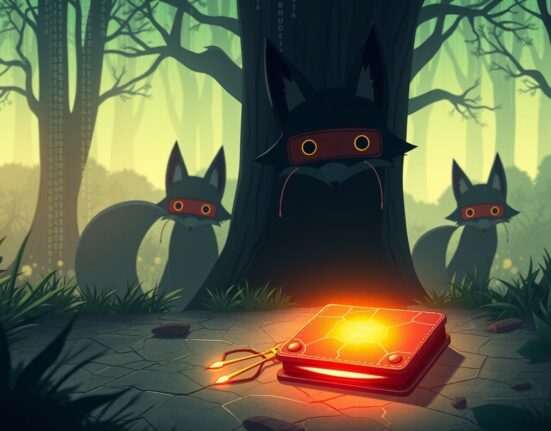 Conceptual Ghibli-style art depicting a cryptocurrency address poisoning attack and digital wallet vulnerability.