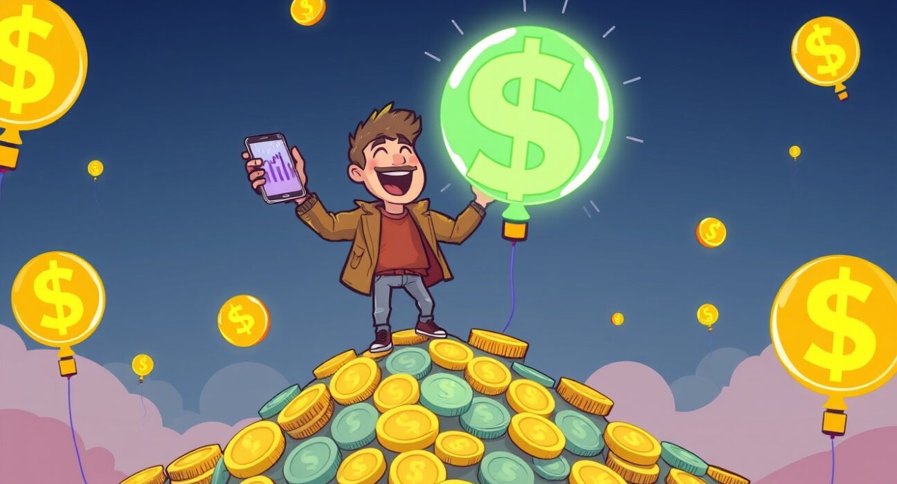 Cartoon illustration showing a crypto influencer celebrating massive profit from successful ASTER trades.