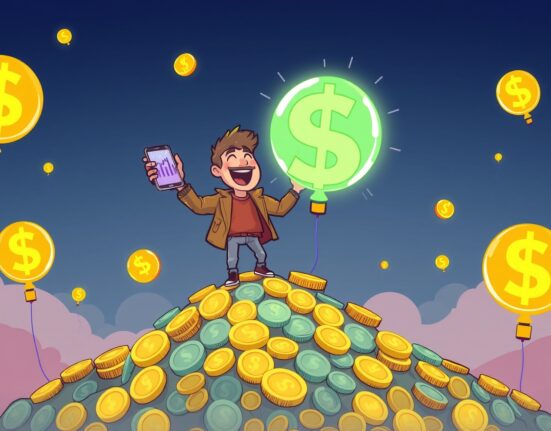 Cartoon illustration showing a crypto influencer celebrating massive profit from successful ASTER trades.