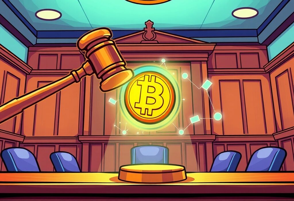 A cartoon illustration depicting the overturning of a crypto insider trading conviction, symbolizing a new legal precedent in digital assets.