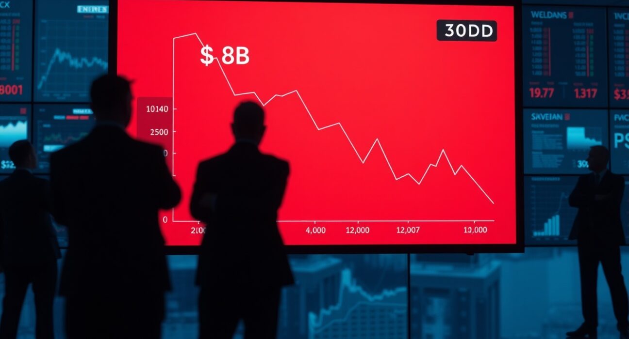 Financial traders observing a downward-trending digital display showing $8 billion crypto outflows over 30 days.