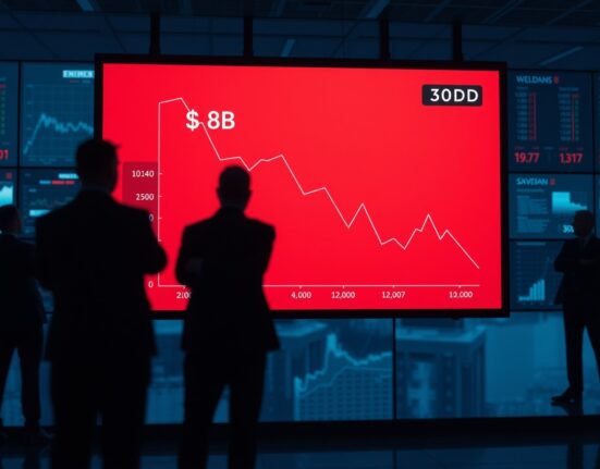 Financial traders observing a downward-trending digital display showing $8 billion crypto outflows over 30 days.